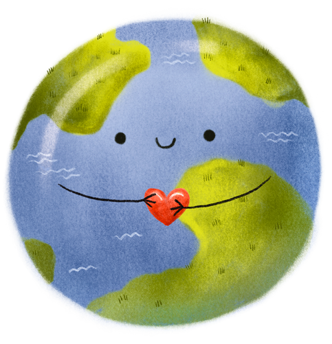 Planet Earth  with eyes keep a heart in hands. Cute childish isolated illustration